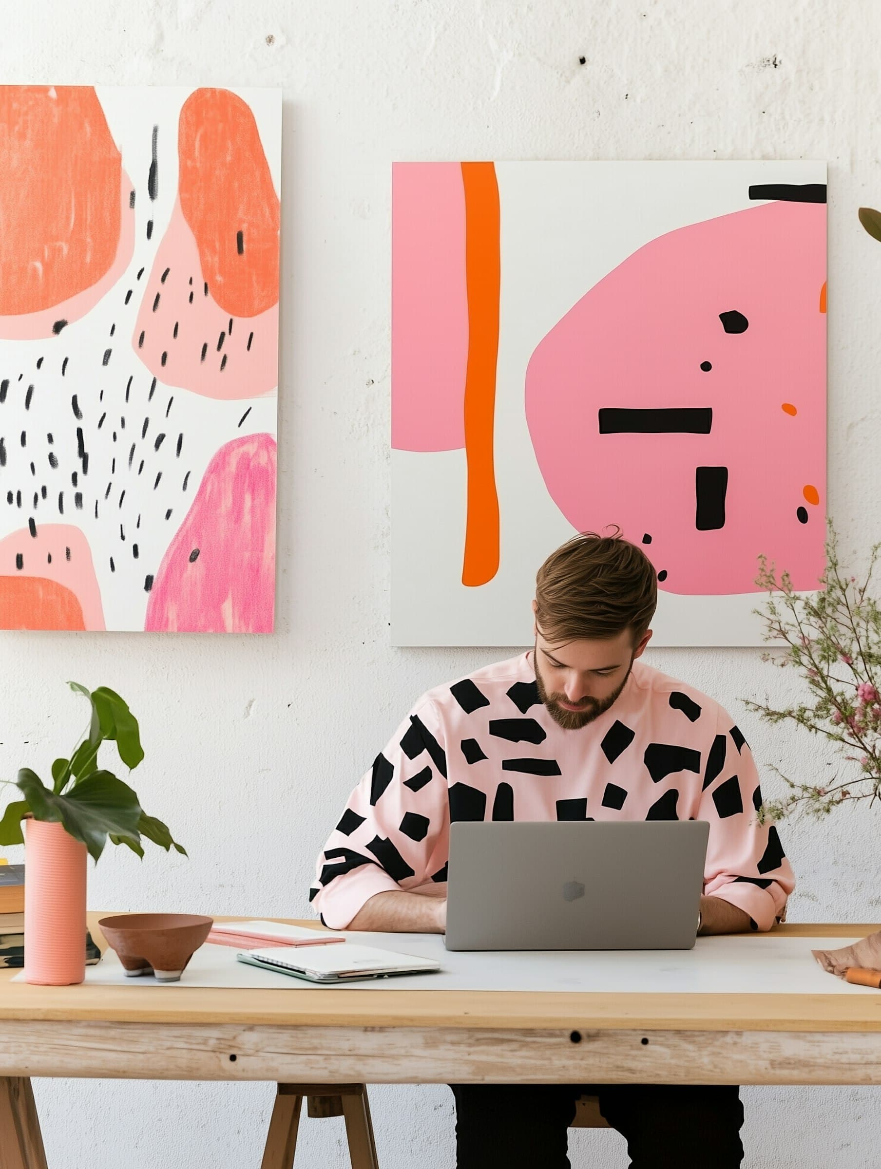 A man sitting at a desk with his laptop, deeply focused on his work. Behind him on the wall, two abstract paintings are hanging.